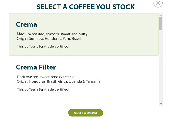 Menu builder - choose coffee